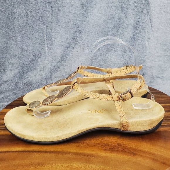 Vionic Lizbeth Sandals Women's 11 Tan Cork Gold Metallic Buckle T Strap Orthotic - Picture 3 of 10